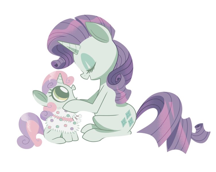 Size: 2048x1631 | Tagged: safe, artist:kyrakupetsky, derpibooru import, rarity, sweetie belle, pony, unicorn, cloak, clothes, cute, diasweetes, duo, eyes closed, female, filly, image, jpeg, mare, open mouth, profile, raribetes, sibling love, siblings, simple background, sisterly love, sisters, sitting, sweet dreams fuel, weapons-grade cute, white background, winter outfit