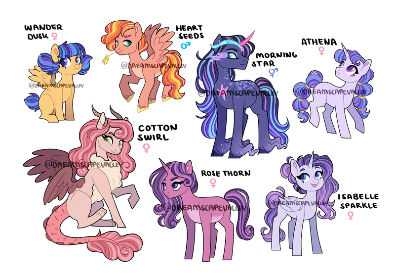 Size: 3000x2100 | Tagged: safe, artist:dreamscapevalley, derpibooru import, oc, oc:athena, oc:cotton swirl, oc:heart seeds, oc:isabelle sparkle, oc:morning star, oc:rose thorn, oc:wander dusk, alicorn, draconequus, hybrid, pegasus, pony, unicorn, ambiguous gender, androgynous, colt, female, filly, image, interspecies offspring, magical lesbian spawn, male, offspring, parent:big macintosh, parent:discord, parent:flash sentry, parent:king sombra, parent:princess cadance, parent:rarity, parent:shining armor, parent:tempest shadow, parent:twilight sparkle, parents:cadmac, parents:discodance, parents:flashlight, parents:rarilight, parents:shiningcadance, parents:tempestdancer, parents:twibra, png, simple background, straw in mouth, watermark, white background