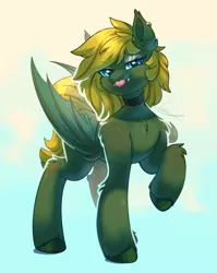 Size: 2096x2633 | Tagged: safe, artist:peachmayflower, derpibooru import, oc, oc:midnight lightning, bat pony, pony, :p, bat pony oc, bat wings, blue eyes, choker, commission, ear piercing, earring, eyeshadow, fangs, female, image, jewelry, lidded eyes, looking at you, makeup, mare, piercing, png, smiling, standing, tongue out, wings