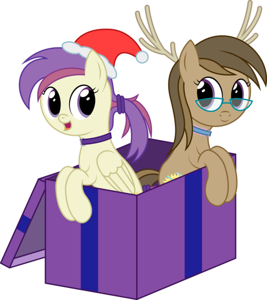Size: 3528x3964 | Tagged: safe, artist:joey, derpibooru import, oc, oc:dawnsong, oc:evensong, unofficial characters only, earth pony, pegasus, pony, antlers, box, christmas, collar, female, glasses, hat, holiday, image, png, pony in a box, ponytail, present, reindeer antlers, santa hat, siblings, simple background, sisters, transparent background, vector