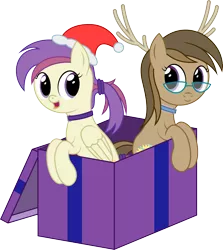 Size: 3528x3964 | Tagged: safe, artist:joey, derpibooru import, oc, oc:dawnsong, oc:evensong, unofficial characters only, earth pony, pegasus, pony, antlers, box, christmas, collar, female, glasses, hat, holiday, image, png, pony in a box, ponytail, present, reindeer antlers, santa hat, siblings, simple background, sisters, transparent background, vector