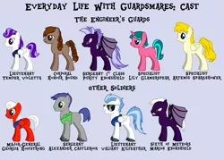 Size: 1872x1344 | Tagged: safe, artist:themanfromanothertime, derpibooru import, oc, oc:alexander castlerook, oc:artemis sparkshower, oc:georgia hoofstrong, oc:honour bound, oc:lily glamerspear, oc:marcos ebonshield, oc:purity ebonshield, oc:temper violetta, oc:valiant kilfeather, unofficial characters only, bat pony, earth pony, pegasus, unicorn, fanfic:everyday life with guardsmares, 4chan, bat pony oc, bat wings, earth pony oc, everyday life with guardsmares, horn, image, pegasus oc, png, reference sheet, royal guard, simple background, unicorn oc, wings