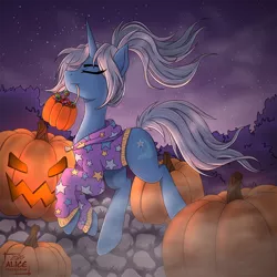 Size: 1200x1200 | Tagged: safe, artist:alicetriestodraw, derpibooru import, trixie, pony, unicorn, alternate hairstyle, babysitter trixie, candy, clothes, female, fog, food, halloween, holiday, hoodie, image, jack-o-lantern, mare, mouth hold, nightmare night, png, pumpkin, pumpkin bucket, solo, sweets, trick or treat