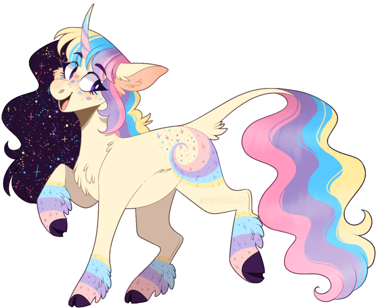 Size: 1432x1170 | Tagged: safe, artist:wanderingpegasus, derpibooru import, oc, oc:supernova, unofficial characters only, pony, unicorn, chest fluff, cloven hooves, curved horn, eye clipping through hair, horn, image, leonine tail, open mouth, png, raised hoof, raised leg, simple background, smiling, solo, transparent background