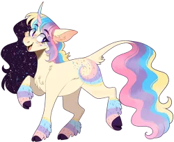 Size: 1432x1170 | Tagged: safe, artist:wanderingpegasus, derpibooru import, oc, oc:supernova, unofficial characters only, pony, unicorn, chest fluff, cloven hooves, curved horn, eye clipping through hair, horn, image, leonine tail, open mouth, png, raised hoof, raised leg, simple background, smiling, solo, transparent background