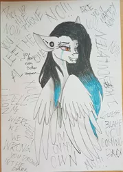 Size: 887x1238 | Tagged: safe, artist:minelvi, derpibooru import, oc, unofficial characters only, pegasus, pony, bust, crying, ear piercing, earring, grin, image, jewelry, jpeg, pegasus oc, piercing, smiling, solo, traditional art, wings