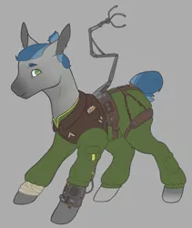 Size: 1000x1186 | Tagged: safe, artist:evvyenvy, derpibooru import, oc, oc:outlook grim, earth pony, pony, fallout equestria, bandaged leg, blue mane, clothes, gray coat, green eyes, holotape, image, jacket, jumpsuit, leather jacket, leather straps, male, pipbuck, png, robotic arm, simple background, solo, stable-tec, tied mane, vault suit