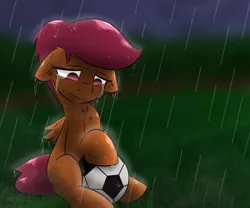 Size: 1200x1000 | Tagged: safe, artist:kingkrail, derpibooru import, scootaloo, pegasus, pony, crying, female, filly, image, looking down, png, rain, sad, sitting, soccer ball (object), solo, wet, wet mane