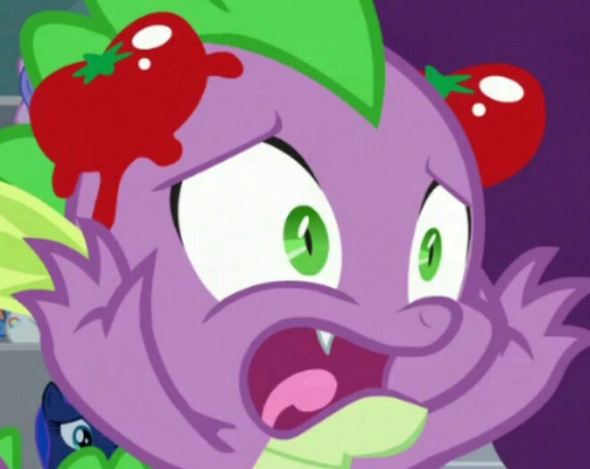 Size: 660x525 | Tagged: safe, derpibooru import, screencap, princess luna, spike, alicorn, dragon, pony, horse play, abuse, cropped, food, image, jpeg, op is a duck, open mouth, solo focus, spikeabuse, tomato