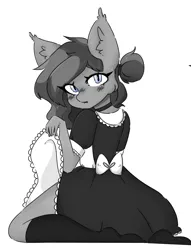 Size: 2270x2966 | Tagged: safe, artist:chewybun, derpibooru import, oc, oc:crescent, anthro, bat pony, blushing, clothes, commission, image, looking at you, maid, png, skirt, skirt lift, socks, stocking feet, ych result
