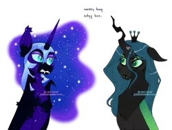 Size: 1241x936 | Tagged: safe, artist:foxklt, derpibooru import, nightmare moon, queen chrysalis, bat pony, changeling, pony, female, image, png, simple background, transparent background