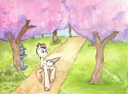 Size: 6635x4872 | Tagged: safe, artist:lightisanasshole, derpibooru import, oc, oc:quiet keeper, unofficial characters only, pegasus, pony, bush, colored hooves, commission, forest, garden, grass, image, japanese, jpeg, lamp, looking back, man bun, moon runes, painting, pegasus oc, ponytail, road, sakura tree, sky, solo, traditional art, tree, walking, watercolor painting, wings