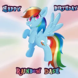 Size: 1024x1024 | Tagged: safe, artist:doraeartdreams-aspy, derpibooru import, rainbow dash, pegasus, pony, flying, happy birthday, image, jpeg, rainbow dash day, rainbow dash's birthday, solo