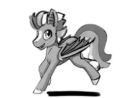 Size: 1200x927 | Tagged: safe, artist:warskunk, derpibooru import, oc, unofficial characters only, bat pony, pegasus, pony, bat pony oc, bat wings, fangs, folded wings, grayscale, image, jpeg, looking at you, male, monochrome, simple background, smiling, solo, stallion, white background, wings