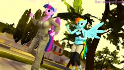 Size: 1920x1080 | Tagged: safe, artist:marianokun, derpibooru import, rainbow dash, twilight sparkle, twilight sparkle (alicorn), alicorn, anthro, 3d, closed wing, clothes, exercise, image, png, running, source filmmaker, spread wings, street, tongue out, wings