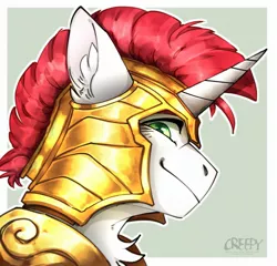 Size: 1967x1890 | Tagged: safe, artist:creepyistaken, derpibooru import, oc, unofficial characters only, pony, unicorn, armor, chest fluff, ear fluff, image, jpeg, looking at you, royal guard, smiling, solo