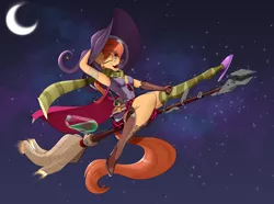 Size: 3900x2900 | Tagged: safe, artist:skitsniga, derpibooru import, oc, oc:rusty gears, unofficial characters only, anthro, boots, broom, bubble helmet, clothes, clothing theft, crescent moon, derpibooru exclusive, flying, flying broomstick, halloween, hat, high heel boots, high heels, high res, holiday, image, moon, png, scarf, shoe dangling, shoes, slippers, sock, socks, solo, space helmet, striped socks, witch, witch hat