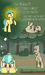 Size: 2160x3548 | Tagged: safe, artist:justapone, derpibooru import, oc, oc:karoline skies, oc:raido, bear, earth pony, pony, angry, bald, broken sword, bush, colored sketch, comic, daydream, defeated, dialogue, dizzy eyes, female, forest, freckles, happy, image, lying down, male, mare, on back, open mouth, png, ponytail, prone, smiling, stallion, swirly eyes, sword, taunting, training, tree, weapon