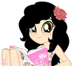 Size: 727x654 | Tagged: safe, alternate version, artist:amgiwolf, derpibooru import, oc, oc:amgi, unofficial characters only, equestria girls, background removed, clothes, equestria girls-ified, exclamation point, eyelashes, female, flower, flower in hair, image, interrobang, png, question mark, simple background, smiling, transparent background