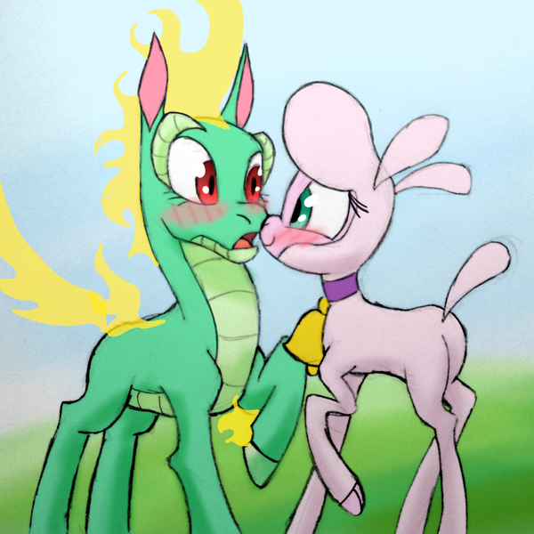 Size: 1126x1126 | Tagged: safe, artist:redahfuhrerking, derpibooru import, pom lamb, tianhuo, dragon, hybrid, longma, sheep, them's fightin' herds, bell, bell collar, blushing, boop, cloven hooves, collar, community related, female, image, lamb, lesbian, noseboop, png, pomhuo, shipping