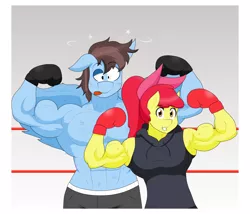 Size: 2048x1753 | Tagged: safe, artist:matchstickman, derpibooru import, apple bloom, oc, oc:calm wind, anthro, earth pony, pegasus, pony, tumblr:where the apple blossoms, abs, apple bloom's bow, apple brawn, armpits, biceps, bow, boxing gloves, boxing ring, breasts, busty apple bloom, clothes, comic, derp, duo, female, flexing, hair bow, image, injured, looking at you, male, mare, matchstickman's apple brawn series, muscles, older, older apple bloom, partial nudity, pecs, pegasus oc, png, posing for photo, stallion, tongue out, topless, tumblr comic, wings