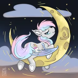 Size: 4000x4000 | Tagged: safe, artist:kchche, derpibooru import, oc, oc:dreamyway skies, bat pony, pony, bat pony oc, bat wings, crescent moon, cute, dream, ear fluff, image, looking at you, looking back, lying down, moon, night, png, smiling, soft color, tangible heavenly object, transparent moon, underhoof, wings