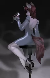 Size: 3154x4915 | Tagged: safe, artist:ruku, derpibooru import, oc, oc:silver bubbles, unofficial characters only, anthro, plantigrade anthro, unicorn, alcohol, bar stool, bodycon, calves, clothes, cocktail dress, crossdressing, dress, eyeshadow, femboy, glass, high heels, image, lidded eyes, looking over shoulder, makeup, male, open-back dress, png, seductive look, shoes, stiletto heels, wine glass