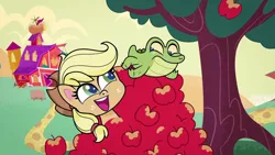 Size: 1280x720 | Tagged: safe, derpibooru import, screencap, applejack, gummy, alligator, earth pony, pony, my little pony: pony life, apple, cute, food, gummybetes, image, jackabetes, looking at each other, looking down, looking up, open mouth, png, sweet apple acres, theme song, tree