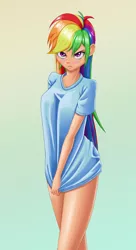 Size: 949x1748 | Tagged: suggestive, artist:scs-g3-n17, derpibooru import, rainbow dash, human, abstract background, blushing, breasts, busty rainbow dash, clothes, female, humanized, image, implied bottomless, jpeg, looking at you, partial nudity, requested art, sexy, shirt, shirt pull, simple background, stupid sexy rainbow dash