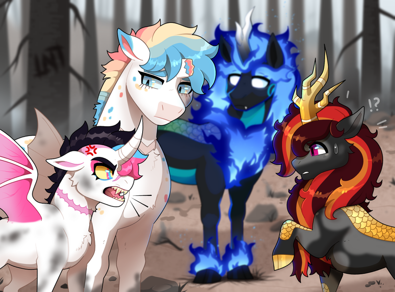 Size: 1000x740 | Tagged: safe, artist:lastnight-light, derpibooru import, oc, oc:jawbreaker, oc:rock candy, unofficial characters only, alicorn, bat pony, bat pony alicorn, kirin, nirik, pony, unicorn, bat wings, horn, image, png, wings