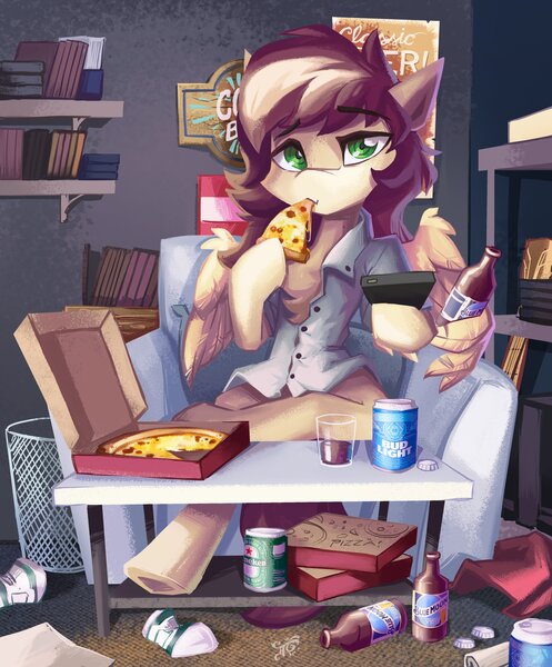 Size: 3391x4096 | Tagged: safe, artist:saxopi, derpibooru import, oc, unofficial characters only, pegasus, pony, alcohol, beer, couch, food, image, jpeg, pizza, solo, wing hands, wings