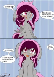 Size: 2798x3981 | Tagged: safe, artist:freefraq, derpibooru import, oc, oc:lilac san, unofficial characters only, bat pony, pony, bat pony oc, bat wings, big ears, blushing, chest fluff, comic, cute, dialogue, eye clipping through hair, female, floppy ears, fluffy, folded wings, hairy, image, looking at you, nervous, offscreen character, open mouth, png, sitting, smiling, solo, speech bubble, weapons-grade cute, wings