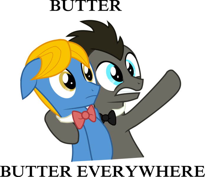Size: 2630x2270 | Tagged: safe, artist:peora, derpibooru import, doctor whooves, perfect pace, time turner, pony, ask discorded whooves, ask the master, antagonist, bowtie, butter, discord whooves, discorded, doctor who, duo, food, image, male, png, simple background, stallion, that pony sure does love butter, the doctor, the master, toy story, transparent background, vector, wide eyes, x x everywhere