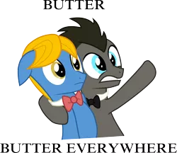 Size: 2630x2270 | Tagged: safe, artist:peora, derpibooru import, doctor whooves, perfect pace, time turner, pony, ask discorded whooves, ask the master, antagonist, bowtie, butter, discord whooves, discorded, doctor who, duo, food, image, male, png, simple background, stallion, that pony sure does love butter, the doctor, the master, toy story, transparent background, vector, wide eyes, x x everywhere
