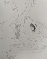 Size: 1080x1350 | Tagged: safe, artist:pony_riart, derpibooru import, oc, unofficial characters only, nymph, pony, bust, eyelashes, flower necklace, grayscale, image, inktober 2020, jpeg, lying down, monochrome, on back, traditional art