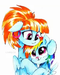 Size: 1947x2429 | Tagged: safe, artist:liaaqila, derpibooru import, rainbow dash, windy whistles, pegasus, pony, caring for the sick, cold, cute, dashabetes, female, hug, image, jpeg, like mother like daughter, like parent like child, mother and child, mother and daughter, sick, simple background, traditional art, white background, windybetes, young, younger