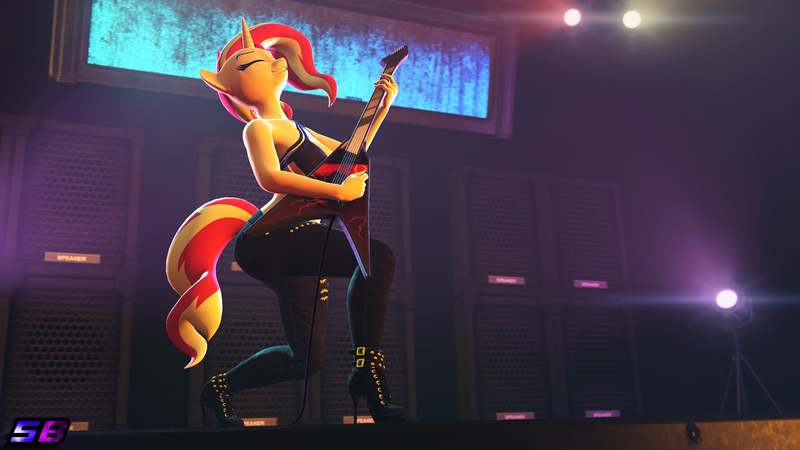 Size: 3840x2160 | Tagged: safe, artist:shadowboltsfm, derpibooru import, sunset shimmer, anthro, plantigrade anthro, 3d, 4k, boots, breasts, clothes, cute, electric guitar, eyes closed, grin, guitar, high heel boots, high heels, image, musical instrument, png, shoes, smiling, source filmmaker, spotlight, stage, sunset shredder