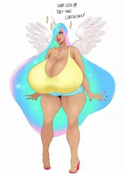 Size: 1881x2669 | Tagged: suggestive, artist:sundown, derpibooru import, princess celestia, alicorn, human, big breasts, breasts, busty princess celestia, cleavage, clothes, ear piercing, earring, eyeshadow, female, hair over one eye, happy, high heels, horn, horned humanization, huge breasts, humanized, hyper, hyper breasts, image, impossibly large breasts, jeans, jewelry, jpeg, lips, lipstick, long hair, long nails, makeup, moderate dark skin, nails, pants, piercing, shoes, shorts, simple background, solo, solo female, talking, text, white background, winged humanization, wings