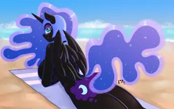 Size: 1000x626 | Tagged: suggestive, artist:cabrony, artist:pia-sama, derpibooru import, nightmare moon, alicorn, anthro, pony, beach, bedroom eyes, big breasts, blushing, breasts, busty nightmare moon, digital art, female, huge breasts, image, looking at you, looking back, looking back at you, looking over shoulder, lying down, mare, nude beach, nudity, png, solo, solo female
