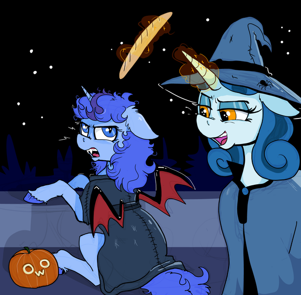 Size: 1200x1178 | Tagged: safe, artist:paskanaakka, derpibooru import, oc, oc:cerulean swirls, oc:midnight dew, unofficial characters only, pony, unicorn, vampire, vampony, baguette, bread, clothes, colored hooves, costume, derpibooru exclusive, fake wings, fangs, female, floppy ears, food, halloween, hat, holiday, image, jack-o-lantern, mare, night, owo, png, pumpkin, witch hat