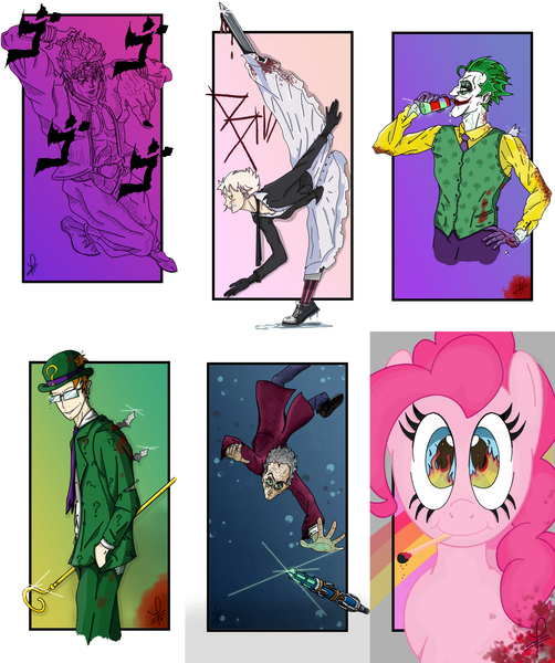 Size: 3897x4654 | Tagged: safe, artist:decrampleo, derpibooru import, pinkie pie, earth pony, human, pony, six fanarts, amputee, bust, clothes, clown, crossover, dc comics, dio brando, doctor who, dress, eye reflection, eyelashes, falling, female, fire, glasses, gloves, hat, image, jojo's bizarre adventure, male, mare, matches, mouth hold, necktie, png, prosthetic leg, prosthetic limb, prosthetics, reflection, scepter, smiling, the joker, the riddler, top hat, vest
