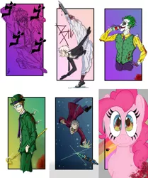 Size: 3897x4654 | Tagged: safe, artist:decrampleo, derpibooru import, pinkie pie, earth pony, human, pony, six fanarts, amputee, bust, clothes, clown, crossover, dc comics, dio brando, doctor who, dress, eye reflection, eyelashes, falling, female, fire, glasses, gloves, hat, image, jojo's bizarre adventure, male, mare, matches, mouth hold, necktie, png, prosthetic leg, prosthetic limb, prosthetics, reflection, scepter, smiling, the joker, the riddler, top hat, vest