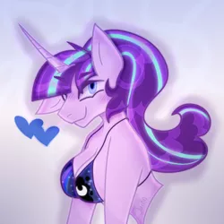 Size: 600x600 | Tagged: suggestive, alternate version, artist:junko, derpibooru import, starlight glimmer, anthro, pony, semi-anthro, art, bra, breasts, bust, clothes, cutie mark, cutie mark on clothes, digital art, female, floppy ears, image, implied princess luna, looking at you, mare, png, signature, simple background, smiling, solo, swimsuit, underwear, underwear swap, white background