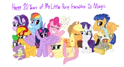 Size: 2818x1536 | Tagged: safe, artist:seanhorace, derpibooru import, applejack, discord, flash sentry, fluttershy, pinkie pie, rainbow dash, rarity, spike, starlight glimmer, sunset shimmer, twilight sparkle, alicorn, anniversary, confetti, happy birthday mlp:fim, image, implied lesbian, implied rarijack, implied shipping, kissing, kiss on the cheek, mlp fim's tenth anniversary, png, simple background, twilight sparkle (alicorn), white background