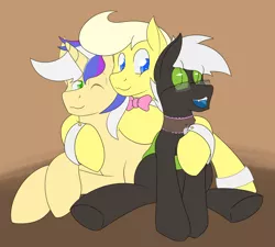 Size: 2456x2212 | Tagged: safe, artist:keboponda, derpibooru import, oc, oc:brass melody, oc:jack sunshine, oc:solarmod, unofficial characters only, changeling, earth pony, unicorn, bowtie, collar, cufflinks, glasses, green changeling, group hug, hug, image, png