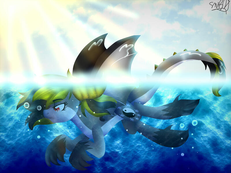 Size: 2000x1500 | Tagged: safe, artist:juliet-gwolf18, derpibooru import, oc, oc:juliet, unofficial characters only, dracony, dragon, hybrid, pony, cloud, female, image, jpeg, outdoors, signature, solo, sun, swimming