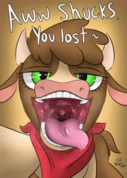 Size: 1571x2200 | Tagged: safe, artist:kingkrail, derpibooru import, arizona cow, cow, them's fightin' herds, bedroom eyes, breath, community related, drool, female, handkerchief, human teeth, image, imminent vore, looking at you, mawshot, offscreen character, open mouth, png, pov, solo, tongue out, uvula