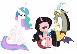 Size: 1280x893 | Tagged: safe, artist:mlplover2344, derpibooru import, discord, princess celestia, oc, oc:solar beam, hybrid, base used, dislestia, family, female, image, interspecies offspring, jpeg, male, offspring, parent:discord, parent:princess celestia, parents:dislestia, shipping, simple background, straight, white background