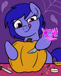 Size: 1536x1928 | Tagged: safe, artist:lannielona, derpibooru import, ghost, pony, undead, advertisement, candle, carving, commission, female, halloween, holiday, image, knife, mare, nightmare night, png, pumpkin, pumpkin carving, seeds, solo, spider web, tongue out, your character here