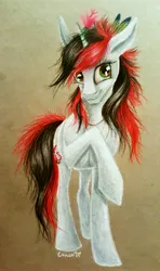 Size: 2988x5041 | Tagged: safe, artist:cahandariella, derpibooru import, oc, oc:bloody herb, unofficial characters only, pony, unicorn, colored pencil drawing, female, gift art, image, jpeg, mare, raised hoof, solo, traditional art